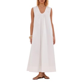 MISSACTIVER Women's Sleeveless Maxi Dress Scoop Neck Ruched Long Dress with Side Pockets Wide Shoulder Elegant Blouse Dresses White