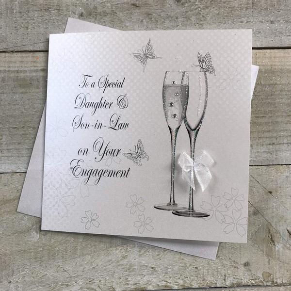 WHITE COTTON CARDS to A Special Daughter & Son-in-Law, Handmade Engagement Card, Code Bd3-Ed (Champagne Flutes)