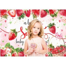 CHAIYA 7x5ft Strawberry Baby Shower Backdrop - Pink Vinyl - Includes: Strawberry Baby Party Photo Backdrop x 1(Folding)