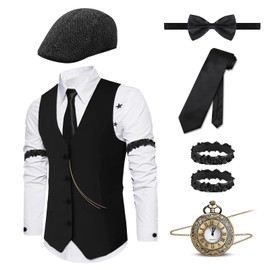 Sekepingo 1920S Mens Roaring 20s Costume Outfit Gatsby Gangster Vest Hat Pocket Watch Bow Tie Armbands Accessories Set for Themed Party,Black XXL