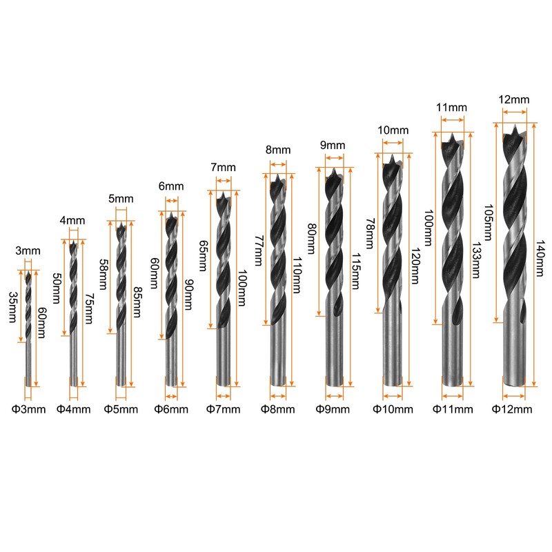 sourcing map 1set Brad Point Drill Bits 3/4/5/6/7/8/9/10/11/12mm Dia Straight