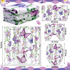 Newwiee 7 Pcs Butterfly Flower Shower Curtain Set Floral Bathroom Decor Flower Shower Curtain and Mats Towels Toilet Mat Waterproof Watercolor Bath Curtain Accessories