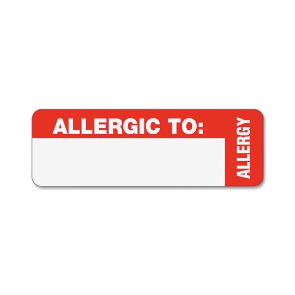 Tabbies Allergy Labels White/Red, 3"W x 1"H"Allergic to:" Wrap Around Style, 500 Labels/Roll