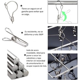 Clip and Drip Colgadero, 40 Clips Gancho con Pinzas para Ropa, Tendedero Plegable de Metal con 5 Abrazaderas para Ropa, Estante de Secado para Ropa de Acero Inoxidable y Gancho Giratorio 360°