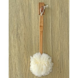 Shower Loofah Body & Back Scrubber - Exfoliating Loofah Bath Brush On a Stick - with Long Wooden Handle Back Brush for Men & Women - Easy Reach Body Wash & Lotion Applicator（White）