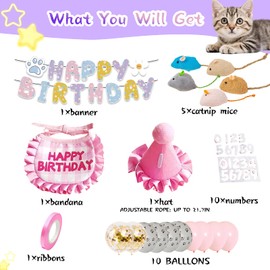 Cat Birthday Gift Set: Outfit Party Hat with Number,Bandana, Catnip Mice Toy, Decoration Bundle with Balloons&Banner Suitable for Boy & Girl Kitten-Pink