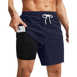 Viodia Men's Swim Trunks with Compression Liner Quick Dry Board Shorts Swimsuit Swimwear for Men with Zipper Pockets Navy