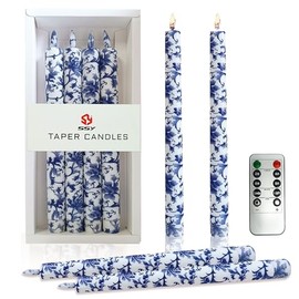 SEUCRWAX 10 Inch Flameless Taper Candles Blue and White Porcelain,LED Candlesticks Battery Operated with 10-Key Remote and Timer,3D Flickering Flame Lights for Wedding Decoration Party