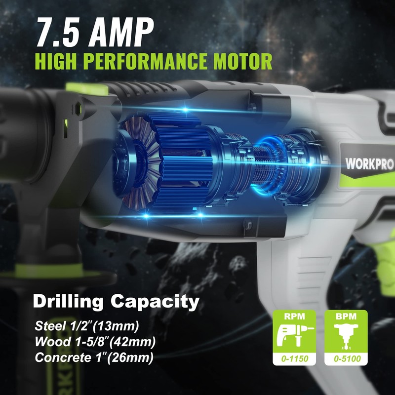 WORKPRO 1-1/4 Inch SDS-Plus Rotary Hammer Drill, 7.5AMP, Lightweight Corded