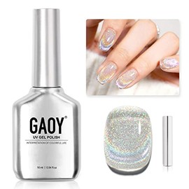 GAOY Cat Eye Gel Nail Polish, Glitter Holographic Nail Polish with Magnet, 16ml Reflective Translucent UV Gel for Nail Art, Silver Rainbow