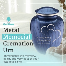 GetUrns - Embrace Hearts Urns for Human Ashes, Cremation Urns for Adult Ashes Men & Women, Cremation Urn for Home, Vault, or Niche, 200 cu. in., Custom Single Engraving, Pearl Cobalt Blue