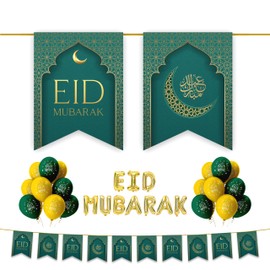Happy Eid Mubarak Decoration Set - 30pc Set Pack (Green & Gold) - Flags Bunting Foil Balloons Partyware Hanging Decorations Eid Decor