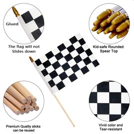 12 Pack 8×12 inch Checkered Flag, Black and White Racing Flag on Wood Stick - Hand Held Stick with Kid-Safe Spear Top, Children's Party Decoration