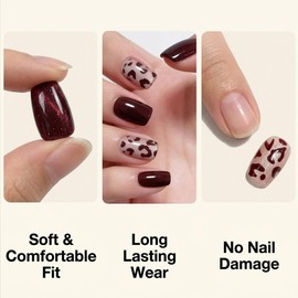 (S) Red Leopard Print Short Press On Nails, Short Square Fake Nails｜Fake Nails in 10 Sizes, Reusable Nail Kit with Nail Glue Adhesive Tabs Mini Nail File, Women Girl Gift