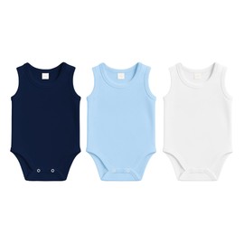 Baby Bodysuit 3 pcs | 100% Organic Cotton Baby Bodysuits with Straps | Comfortable and Sweet Bodysuits for Girls and Boys (White-Navy Blue-Blue, 3-6 Month)