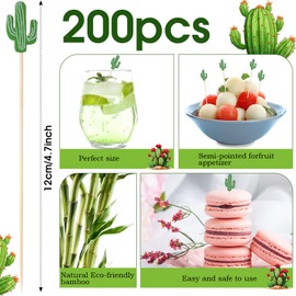 Potchen 200 Pcs Cocktail Picks Long Cocktail Toothpicks Bamboo Toothpicks for Appetizers Fruits Food Skewers Sticks for Drinks Dessert Wedding Birthday Party(Green Cacti)