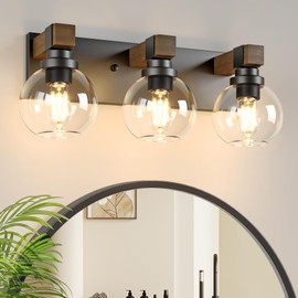 Farmhouse Bathroom Vanity Light Fixtures, 3-Light Wood Bathroom Light Fixtures Over Mirror, Rustic Sconces Wall Lighting with Glass Shade for Living Room, Bedroom, Hallway