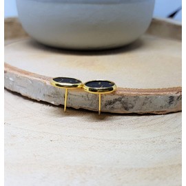 Stud Earrings Gold Round 8 mm Cork Black with Gold Inserts – Vegan Handmade Made in
