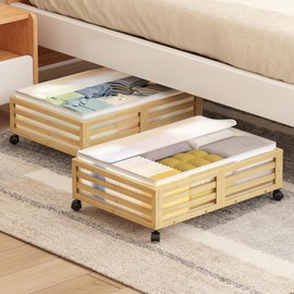 Wisuce Home Under Bed Storage Containers With Wheels - 2 Pcs Bamboo Wood Rolling Underbed Shoe Storage Bins With Dust Bags for Clothes Blankets, Duvet Covers Snacks Toys (Natural)