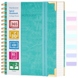 Spiral Notebook, 365 Page Hardcover Leather Notebook Journal, Large B5 Lined Journal for Women Men, College Ruled Notebooks for Work School, Journals for Writing, 24pcs Index Tabs, 8" x 10", Teal