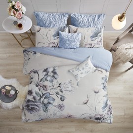 Madison Park Cassandra Cotton Blend Comforter Set - Feminine Design Colorful Floral Print, All Season Down Alternative Bedding Layer and Matching Shams, King (104 in x 92 in), Blue 8 Piece