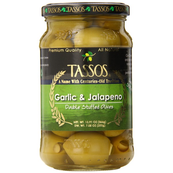 Tassos Stuffed Green Olives, Garlic Jalapeno, 13.1 Ounce