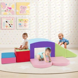 Olakids Climbing Toys for Toddlers, 7 Piece Indoor Baby Foam Blocks Soft Play Set with PU Leather, Kids Climb and Crawl Sliding Activity Structure Gym Playground Climber