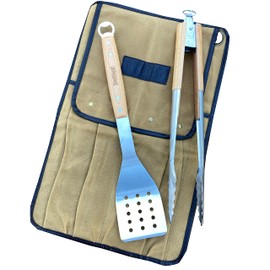 Bayou Classic Grill Bag and Tool Set Features 17-in Grill Spatula w/Bottle Opener and 16-in Locking Grill Tongs Waxed Canvas Bag w/ 4 Tool Pockets and Leather Detail