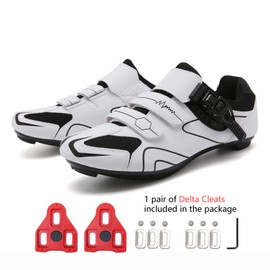 Vicogn Mens Womens Cycling Shoes Compatible with Peloton Indoor Bicycle Pedals Clip in Road Bike Shoes Pre-Installed with Look Delta Cleats, White, 6.5 Women/5 Men