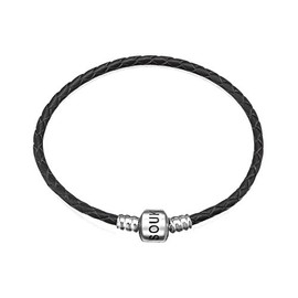 SOUKISS Genuine Black Leather Woven Bracelet with 925 Sterling Silver Barrel Snap Clasp Bead Bracelet for Charms (21 cm-8.3 inches)