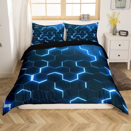 Boys Geometric Duvet Cover Single,Neon Geometric Honeycomb Comforter Cover Sky Blue Black Bedding Set Abstract Geometry Hexagonal Beehive Quilt Cover Modern Fashion Room Decor Zipper