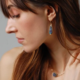 Humble Chic Humble Chic Simulated Druzy Drop Dangles - Sparkly Long Teardrop Dangly Earrings for Women, Gold - Black Created Opal, Gold - Black Created Opal, Iridescent, Dark Navy Blue, Purple, Green, Peacock, Aurora Borealis