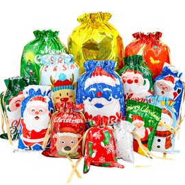 BQTQ 50 Pcs Christmas Drawstring Gift Bags, 12 Designs and 10 Sizes Christmas Wrapping Bags for Christmas Party Home Decoration