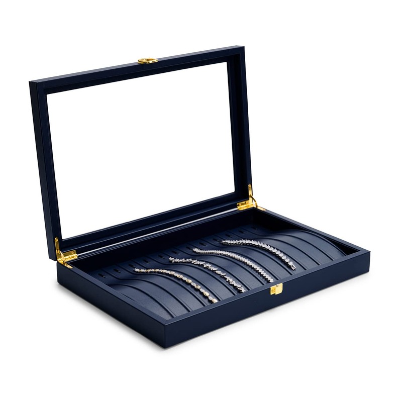 Oirlv Premium Blue Leather Necklace Bracelet Organizer Tray with Acrylic