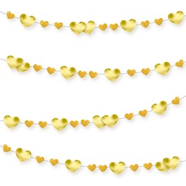 Gold Hearts Banner (4-Piece, 10 ft Each), Paper Garland for Couples Shower Decoration, Gold & Glitter Décor Heart Banners for Valentine, Anniversary, or Engagement Party by PixiPy