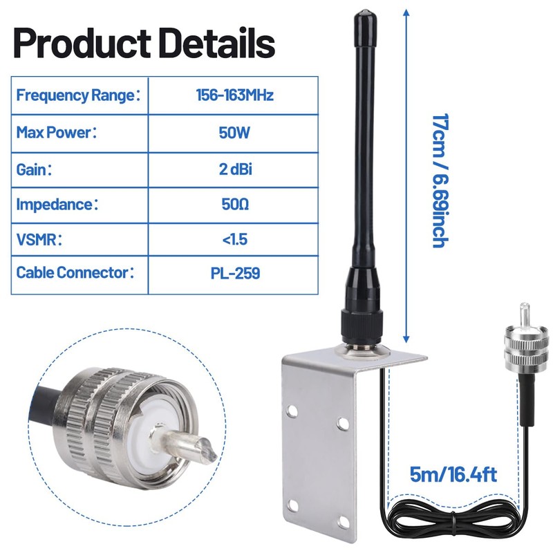 Arridioter VHF Marine Radio Antenna 156-163MHz Waterproof Boat Antenna with