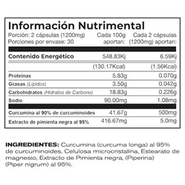 Curcumina estandarizada al 95%, con extracto de pimienta, anti inflamatorio natural - Alka Balance - 60 cápsulas vegetarianas.