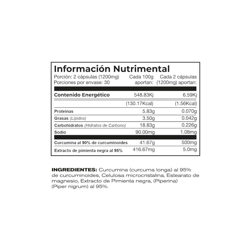 Curcumina estandarizada al 95%, con extracto de pimienta, anti inflamatorio