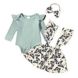 toddler baby girl overalls skirt 9-12 months infant fall clothes light green ruffle long sleeve Romper Suspender dress