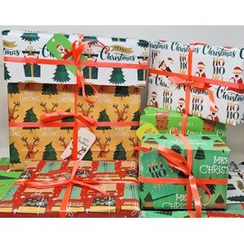 6 Folded Sheets Christmas Luxury Wrapping Paper with 6 Name Tags & 9M Ribbon