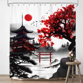 LIGHTINHOME Japanese Cherry Blossom Shower Curtain 60Wx72H Inches Watercolor Black Red Floral Asian Chinese Mountain Sun Anime Fabric Waterproof Polyester Bathroom Home Decor Set with Hooks
