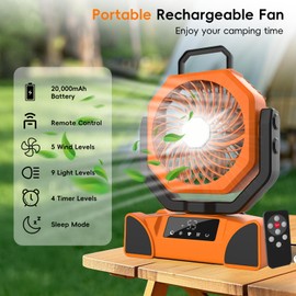 OUTTPLY 20000mAh Portable Camping Fan, Rechargeable Battery Powered Fan with Remote Control & Oscillating, LED Display, Light, Timer, Rotation, Hanging Hook for Outdoor Camp, Beach, Travel Tent