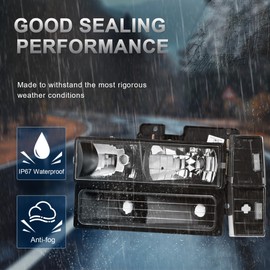 KUIPERAUTO Headlight Assembly Compatible with 1994-1998 Chevy Silverado/Tahoe/Suburban/C10 Driver and Passenger Side w/High/Low Bulb 9005+9006 (included) Black/Clear/Clear