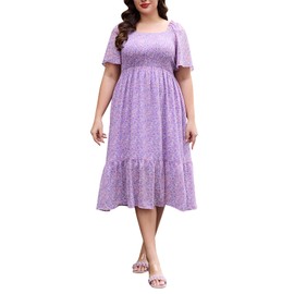 Keluummi Plus Size Wedding Guest Midi Dresses for Curvy Women, Summer Casual Boho Floral Empire Waist Short Sleeve Sundress(22 Plus, 03 - Light Purple Floral)