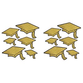 Beistle Glittered Foil Grad Cap Cutouts 12 Piece, Assorted Sizes, Gold/Black