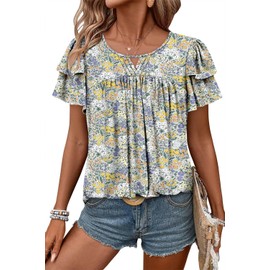 CRAZY GRID Womens Dressy Casual Shirts Crew Neck Ruffle Short Sleeve Work Blouse Business Casual Work Tops Lilac Yellow-XL