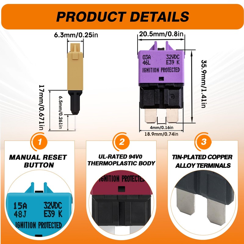 BUSSALIX E39 Circuit Breaker Blade Fuse, Manual T3 Reset, Low