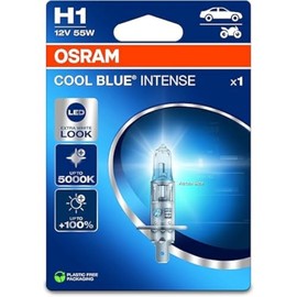 Osram Cool Blue® Intense H1, +100% More Brightness, Up to 5,000 K, Halogen Headlamp, LED Look, Single Blister (1 Lamp)