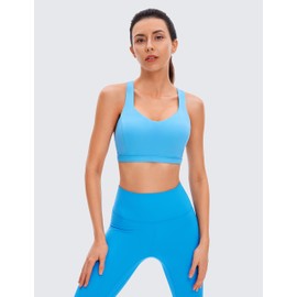 CRZ YOGA Strappy V Neck Sports Bras for Women - Criss Cross Back Wireless Padded Workout Yoga Bra Serenity Blue Medium