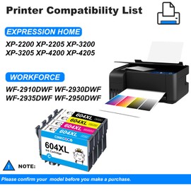 CINKCOCO 604XL Printer Cartridges Multipack Compatible with 604 Cartridges for 3200 Cartridges for 2205 3200 4200 3205 4205 Workforce WF 2930 WF 2935 WF 2910 (4 Pack)